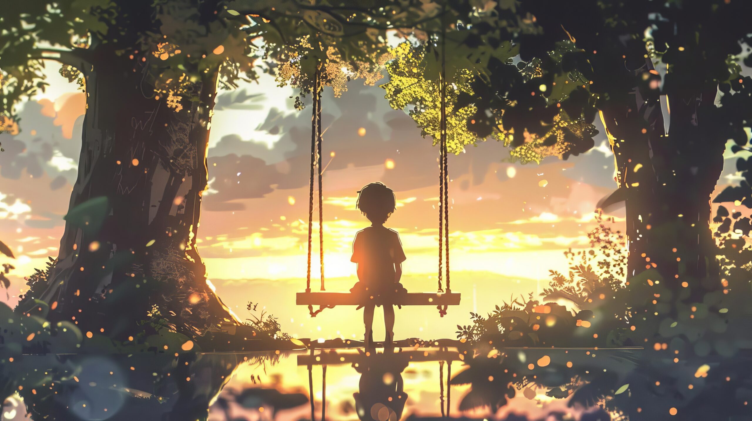 nostalgic anime scene of a young boy sitting alone on a park swing evoking childhood memories and emotions digital illustration